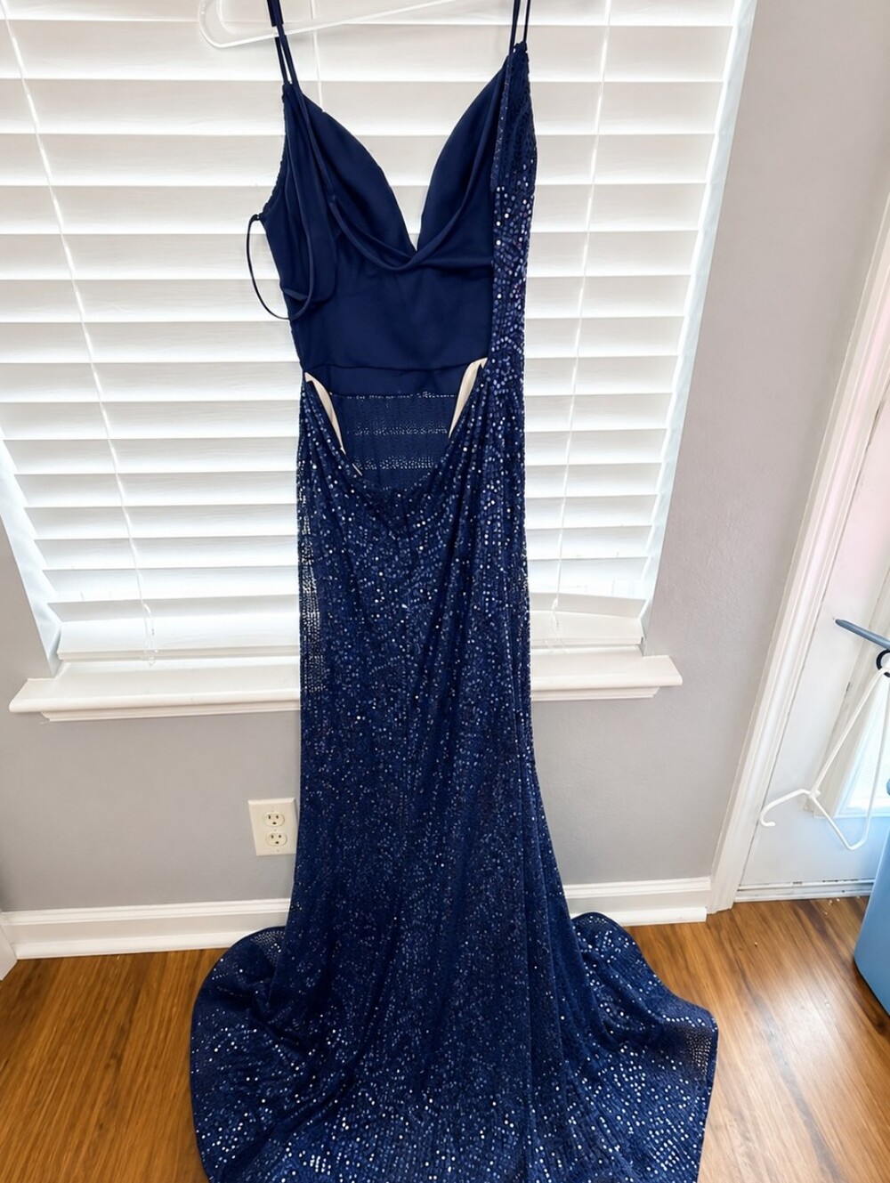 Amarra Elegant Navy Blue Sequin Spaghetti-Strap Evening Dress 88586 - Picture 2 of 7